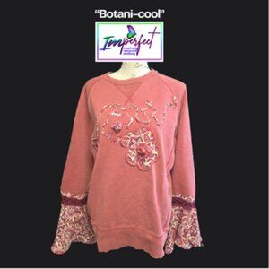 Upcycled applique crewneck sweatshirt with bell sleeves